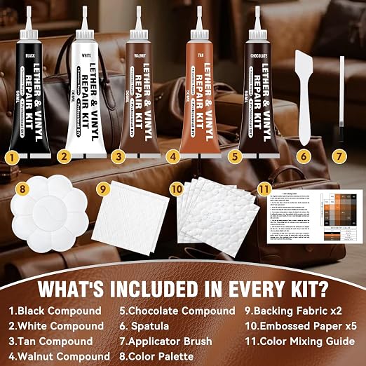 Leather Repair Kit for Furniture, Leather Seat Repair Kit for Cars, Vinyl Repair Kit for Sofa, Purse, Jacket, Restore Any Material, Fix Scratches, Tears, Holes with Easy Instructions, Match Any Color