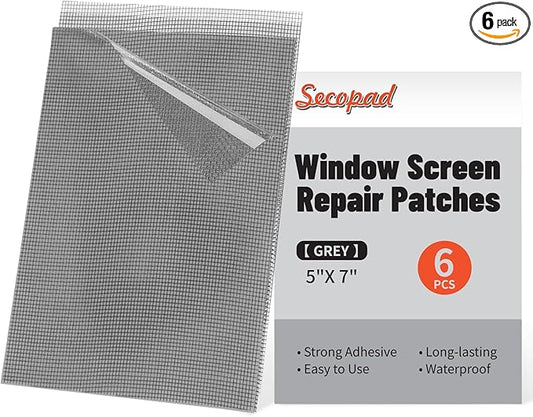 Secopad 5" x 7" Grey/Black Screen Repair Kit, 6 PCS Window Screen Patch Repair Tape for Mesh Window Door, Strong Adhesive Fiberglass Mesh Patch Tape