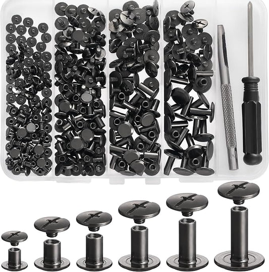 YORANYO 140 Sets Chicago Screws Leather Rivets Kit for Fabric Leather Crafting 6 Sizes Chicago Binding Screws for Decorate and Repair Belt Bag Shoes Purse Pet Collar Clothing Bookbinding (Gun-Metal)