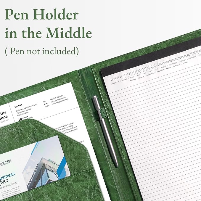 Mymazn Padfolio, Portfolio Folder, Legal Pad Holder, Resume Folder | Faux Leather Binder with Document Organizer, Business Card Holder, Letter-Size Notepad for Interview, Men & Women, Green
