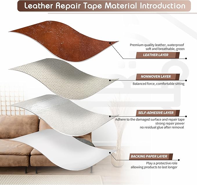 KING MOUNTAIN Leather Repair Patch,2 Packs 9 x 11 Inches self Adhesive Leather Repair Tape for Damaged Leather Furniture, Sofa Seating,Car Seats, Leather Goods（Brown）