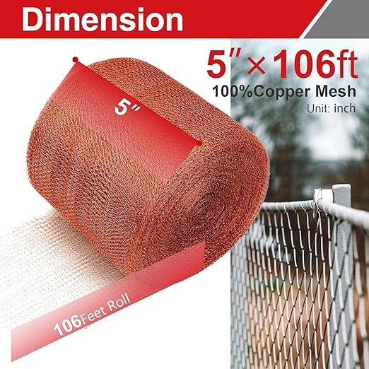 5 Inch×106 ft Copper Mesh Rodent Control, 100% Pure Copper Mesh Roll for Rat Snail Bird Exclusion, Rustproof Gap Filler for Foundation & Roof Sealing, with Scissors Gloves Trowel