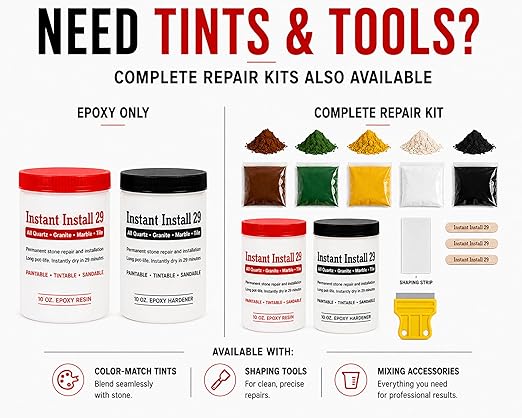 Instant Install 29 Permanent Repair of Every Color & Type of Stone & Tile - Now Available with Tints & Tools as II29 Complete 4oz or 20oz Kits - Chips & Cracks - Rebonds & Rebuilds - Dry in 29 Minutes