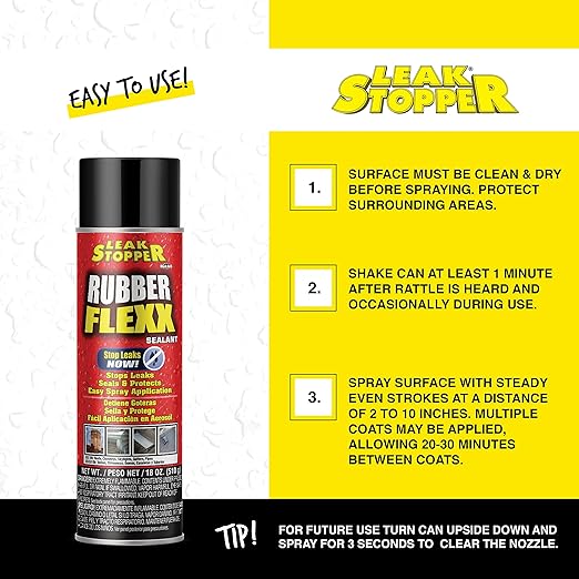 Leak Stopper Rubber Flexx – 18oz Waterproof Repair & Sealant Spray - Point & Spray to Seal Cracks, Holes, Leaks, Corrosion & More | Black – 2 cans