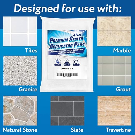 Impresa Reusable Microfiber Sealer Applicator Pads - Multi-Surface Coverage & Grout Sealant - Tile Edge Control & Tile Sealer Applicator - Smooth Spread & Microfiber Pads - 4-Pack 5x4x1 in Black
