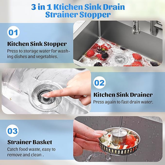 NinjaTiger Kitchen Sink Drain Strainer - Stainless Steel Sink Stopper 3-in-1 Pop-Up Sink Strainer with Anti-Clogging Basket Odor Filter Sink Drain Cover Plug for US Standard 3-1/2'' | Silver-1 Pack