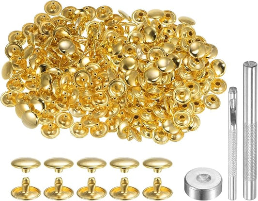 HARFINGTON 100 Sets Leather Rivets 8 x 12mm Metal Double Cap Rivet Snaps Studs Fasteners with 3pcs Setting Tools Rivets for Leather Craft DIY Repair Decoration, Gold Tone