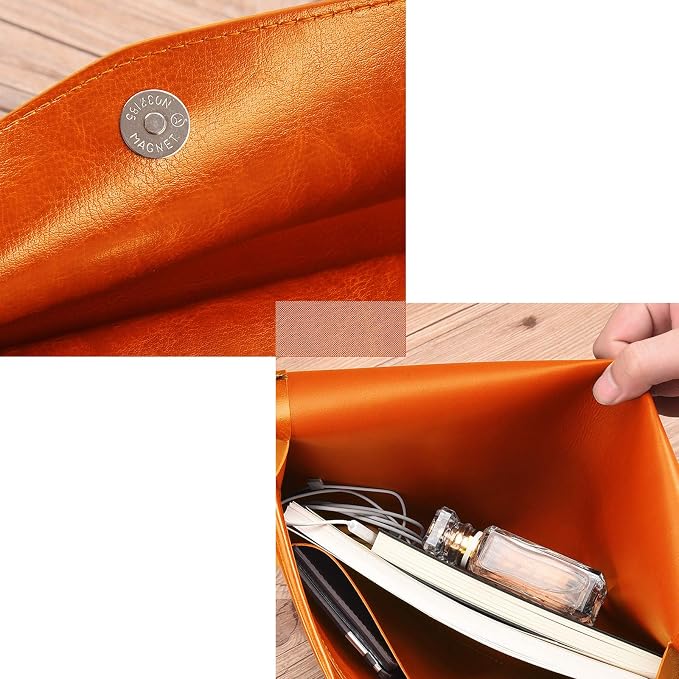 PU Leather A4 File Folder Document Holder Envelope Folder Case with Snap Closure for Receipt Contract Orange