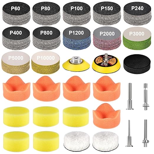 199 Pieces 2 Inch Sanding Disc, GOH DODD Hook and Loop Sanding Pads 60 to 10000 Grit Drill Sanding Attachment Wet Dry Sandpaper with 1/4” 1/8" Shank, Backing Pad, Polishing Pads and Interface Pad