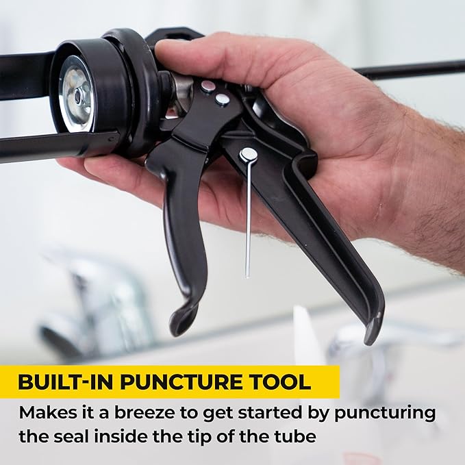 AWF PRO Heavy Duty Caulk Gun, 18:1 Thrust Ratio, Steel Frame Construction, Rotating Barrel, Ladder Hook, Puncture Tool & No Drip Pressure Release Tab, 10 oz Caulking Gun