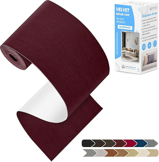 KING MOUNTAIN Couch Fabric Repair Patch, Fabric Patches for Furniture, 4" x 63" Waterproof Velvet Repair Tape for Sofas, Car Seats, Furniture, Upholstery Fabrics and Velvet Goods. （Burgundy）