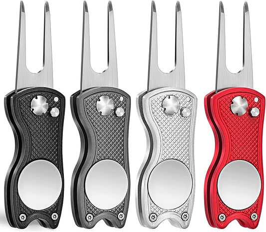 Mile High Life Golf Divot Repair Tool, All Metal Foldable Divot Tool with Pop-up Button & Magnetic Ball Marker, 2-6 Pack