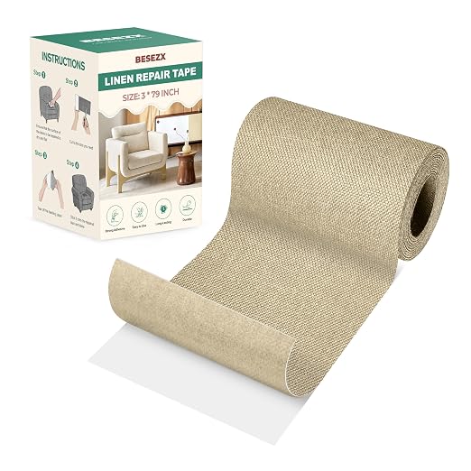 BESEZX Linen Fabric Repair Tape, 3x79 Inch Self Adhesive Repair Patches, Couch Fabric Tape for Furniture, Sofa, Chair, Upholstery.(Khaki)