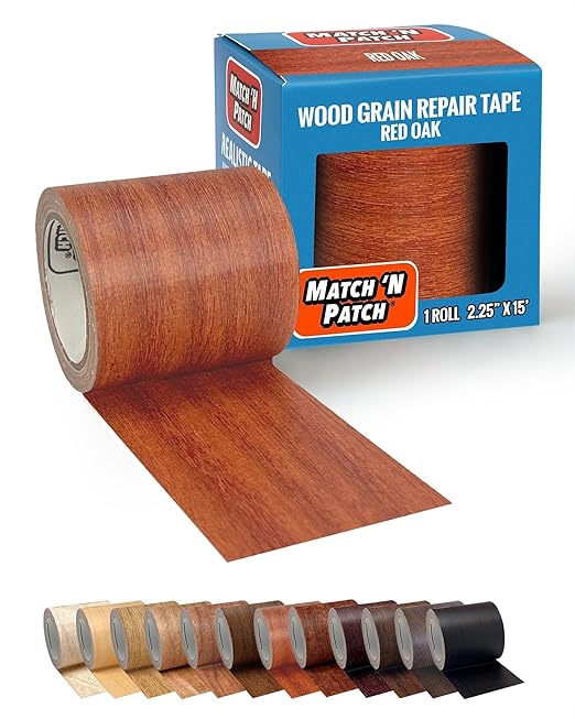 MATCH 'N PATCH Wood Grain Repair Tape - Red Oak, 2.25 in x 15 ft (1-Pack) – Wood Grain Colored Duct Tape for Mirror Frame, Trim, Borders, Floor and Other Furniture, Scratch Repair Kit