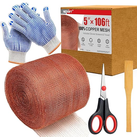 5 Inch×106 ft Copper Mesh Rodent Control, 100% Pure Copper Mesh Roll for Rat Snail Bird Exclusion, Rustproof Gap Filler for Foundation & Roof Sealing, with Scissors Gloves Trowel