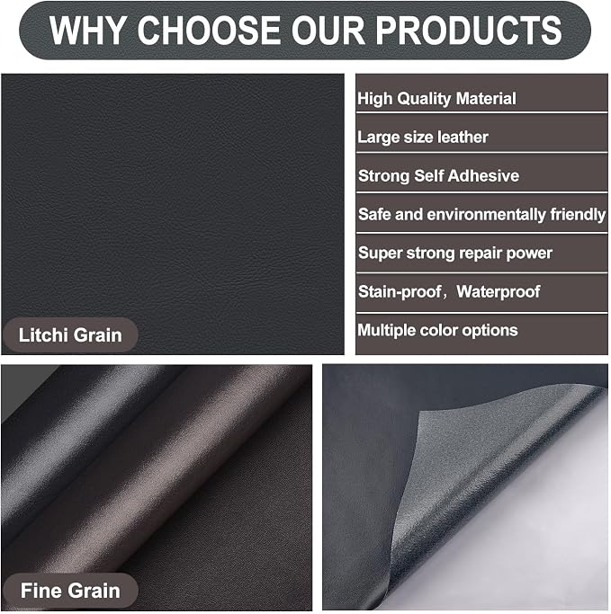Self Adhesive Leather Repair Patch, Leather Patches for Furniture, Leather Repair Tape for Couch Sofa Car Seat Chair Furniture Repair, Leather Repair Kit (Grey-Litchi Grain, 17X79 Inch)