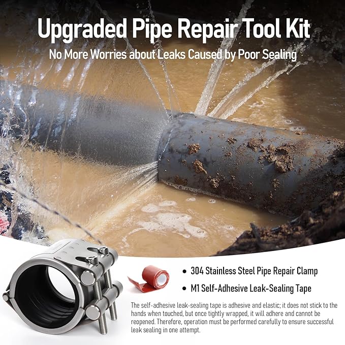 Upgraded Pipe Repair Clamp with M1 Self-Adhesive Leak-Sealing Tape | 304 Stainless Steel Rust-Proof Emergency Pipe Repair Kit for Plastic & Metal Pipes, 1-1/4"(41-44mm)