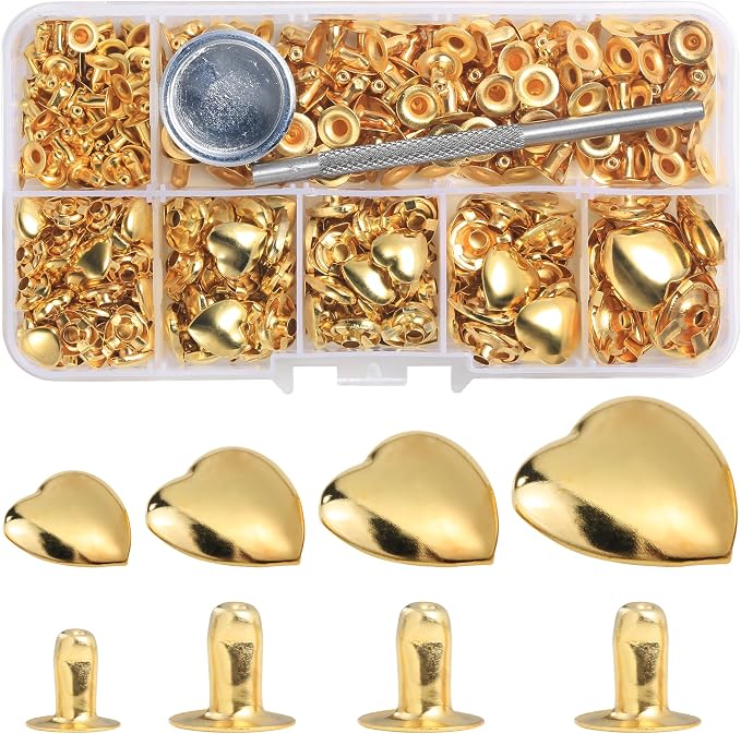 YORANYO 150 Sets Leather Rivets Kit Mixed Sizes Rivets for Leather Heart Studs for Clothing Fabric Gold Color Rivets with Leather Crafting Rivet Tool for Repair Decorate Jackets Shoes Bags Belts Purse