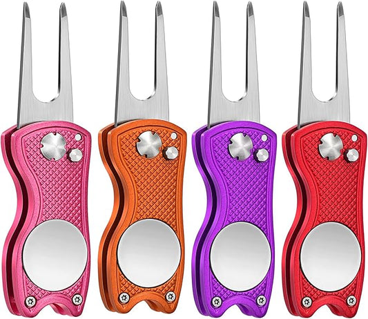 Mile High Life Golf Divot Repair Tool, All Metal Foldable Divot Tool with Pop-up Button & Magnetic Ball Marker, 2-6 Pack
