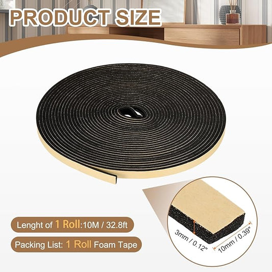PATIKIL Foam Insulation Tape, 3/8" W x 1/8" t x 32.8FT Self Adhesive Weather Stripping Door Seal Strip for Door Window Air Conditioning, Black