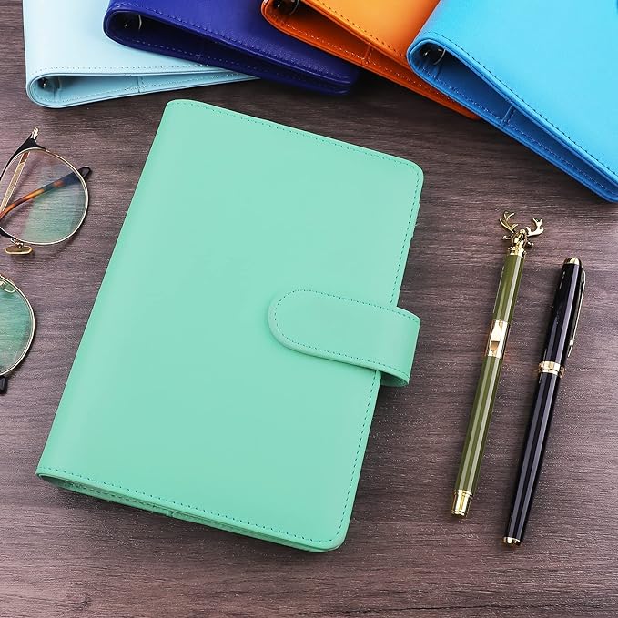 Antner A6 Binder 6 Ring Refillable Notebook Planner for A6 Refill Paper, PU Leather Loose Leaf Personal Budget Planner Money Organizer Cash Stuffing Binder with Magnetic Buckle Closure, Light Green
