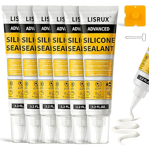 LISRUX Advanced White Silicone Caulk for Kitchen & Bathroom - 6 Pack (3.2 Fl Oz Each) | 100% Waterproof Silicone Sealant | Super Strong Adhesion, Shrink & Crack Proof