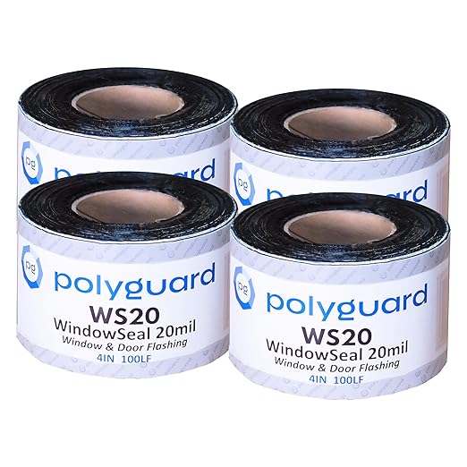 POLYGUARD WindowSeal Window and Door Flashing Tape, 4 in x 100 ft Roll, 20 mil Thick, Self-Sealing & Self-Adhering Waterproof Barrier, Pack of 4