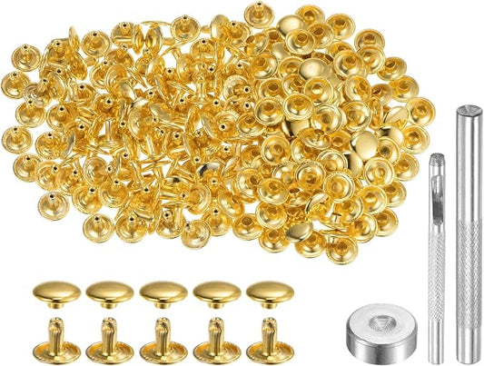 HARFINGTON 100 Sets Leather Rivets 8 x 10mm Metal Double Cap Rivet Snaps Studs Fasteners with 3pcs Setting Tools for Leather Craft DIY Repair Decoration, Gold Tone