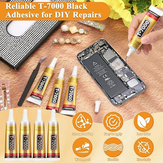 T-7000 Black Glue Adhesive, 4 x 15ML T7000 Adhesive Glue with Tweezers Precision Repairs Glue for Cell Phone Screen Electronics DIY Jewelry Making Crafts