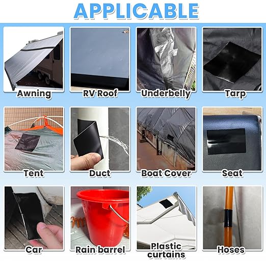 Tikfoam Waterproof Repair Tape for Fabric, Plastic, Awning, RV Underbelly, Tarp, Tent, Sail and Boat Cover Outdoor Repair Patch, Heavy Duty,4 Inch x 10FT Black