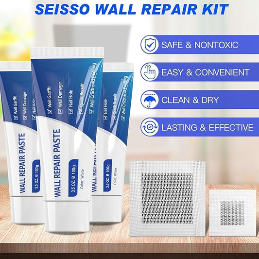 SEISSO Drywall Repair Kit, Wall Mending Agent*3(100g), Wall Patch*4, Scraper and Sandpaper*2, Wall Repair Paste Kit for Wall Cracks, Graffiti, Whitewall Hole Filler and Plaster Dent Repair