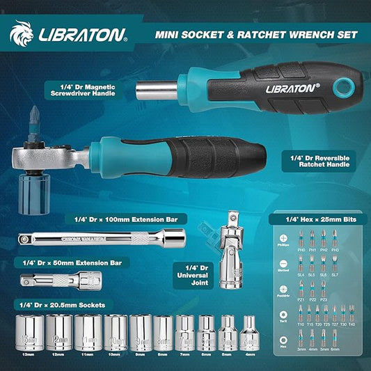 LIBRATON 1/4" Drive Mini Socket & Ratchet Wrench Set with Bits, 4-13mm Shallow Sockets, Magnetic Driver Handle, Extension Bars & Universal Joint, with Storage Case for DIY, Auto Repair