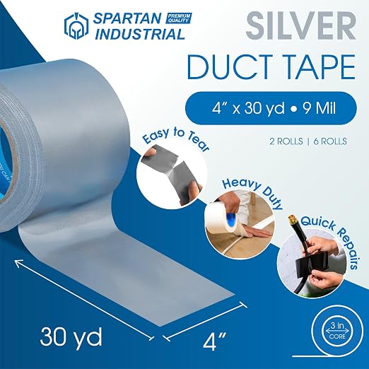 Spartan Industrial - 4" X 30 yd Silver Water-Resistant Tape - 6 Wide Duct Tape Rolls for Indoor and Outdoor Use - No Residue, 9 Mil