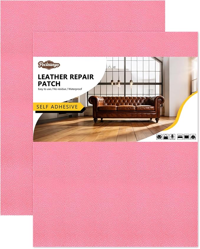 2 Pcs Pink Leather Repair Tape, 8x12 Inch Leather Repair Patch Self-Adhesive, Waterproof Faux Leather Patch, Vinyl Repair Tape for Couch, Sofas, Furniture, Office Chair, Car Seats