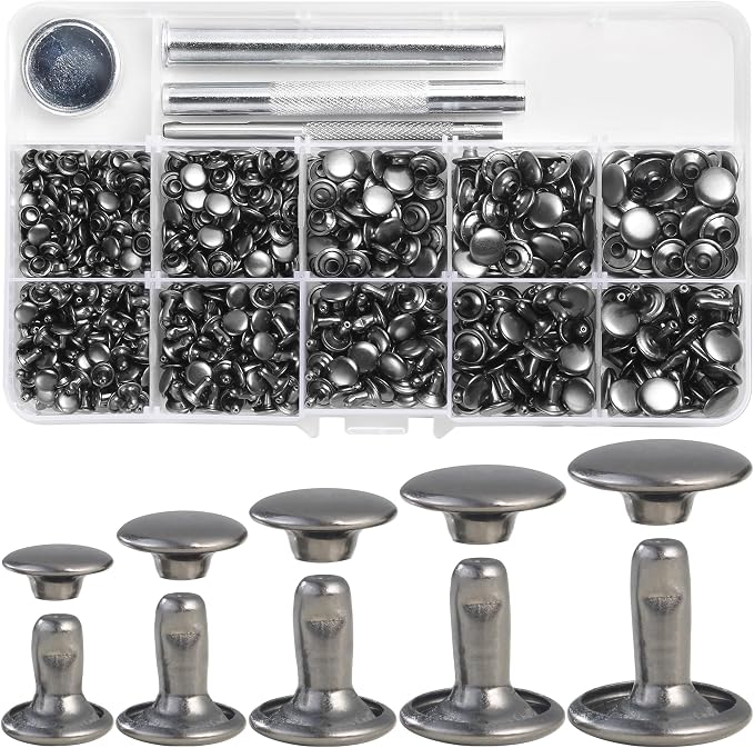 YORANYO 340 Set Mixed Size Leather Rivets Kit - Double Cap Rivets Studs for Clothing Fabric, Shoes, Bags, Belts - Gunmetal