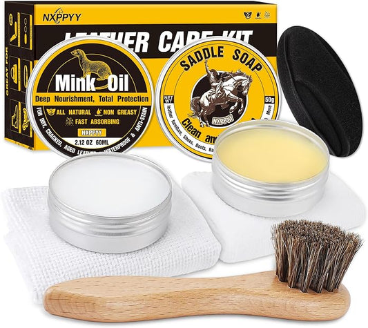 Leather Boot Care Kit, Mink Oil & Saddle Soap for Leather Cleaning & Leather Boots, 6-in-1 Leather Shoe Care Kit