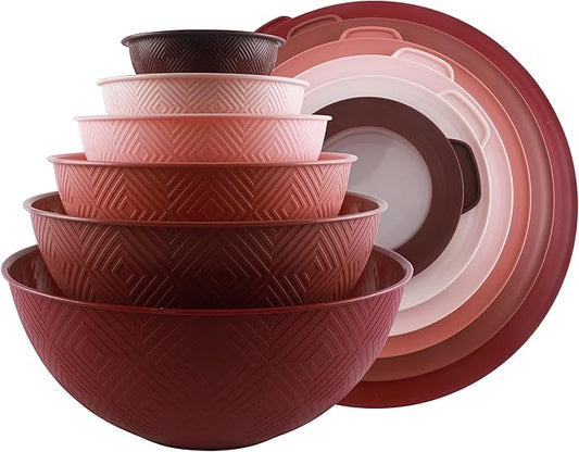 COOK WITH COLOR Mixing Bowls with Lids - 12 Piece Plastic Nesting Bowls Set includes 6 Prep Bowls and 6 Lids, Microwave Safe Mixing Bowl Set, Rose Rhombus
