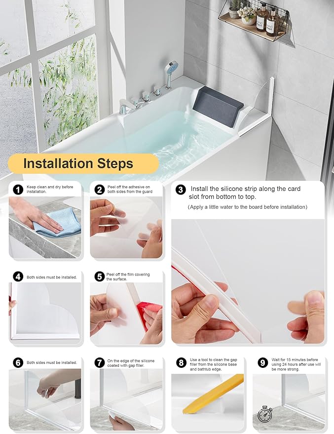EVOULTES 2 Pack Large Shower Splash Guard Kit, Upgrade 9.25 x 9.25 Bathtub Shower Water Splash Guards, Self-Adhesive Shower Guards to Keep Water in Shower, Shower Water Blocker from Splashing Out