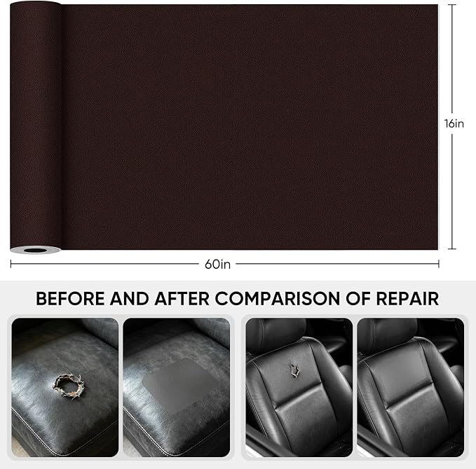 Leather Repair Tape,16 x60 Inches Self Adhesive Leather Repair Patch，Leather Repair Kit for Furniture，Couches,Car Seats,Cabinets,Handbags(Dark Brown)