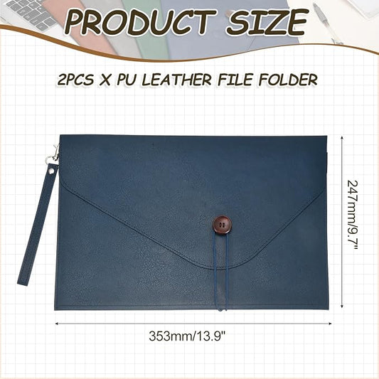 PATIKIL 2Pcs Leather Folder, 14x10 Leather Document Holder File Folder PU Pouch Bag Portfolio File Organizer Handbag Button Personal Envelope Waterproof for Traveling Men Gift, Blue