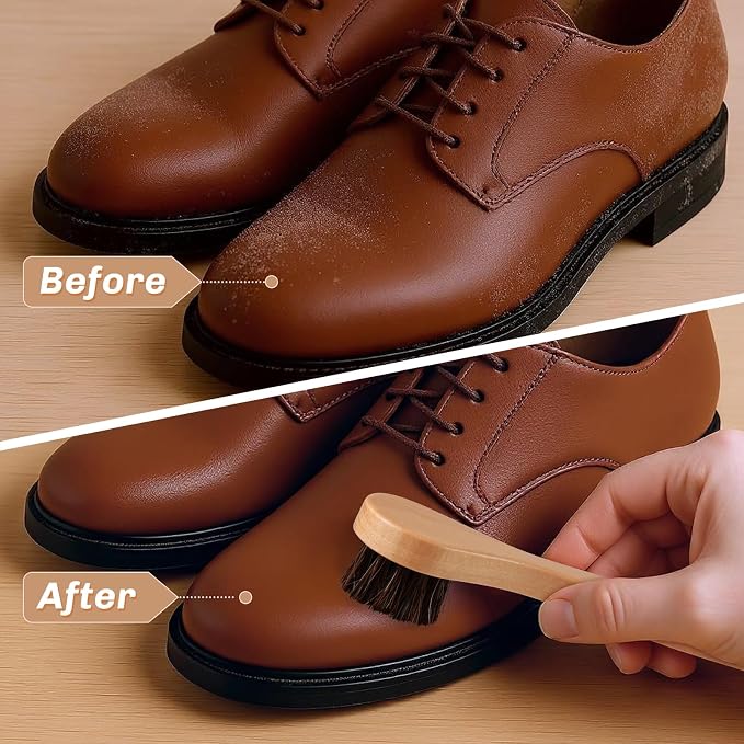 2 Pcs Horsehair Shine Shoes Brush Kit Polish Dauber Applicators Cleaning Leather Shoes Boots Care Brushes Suede Cleaner Brush(Wooden Long Handle)