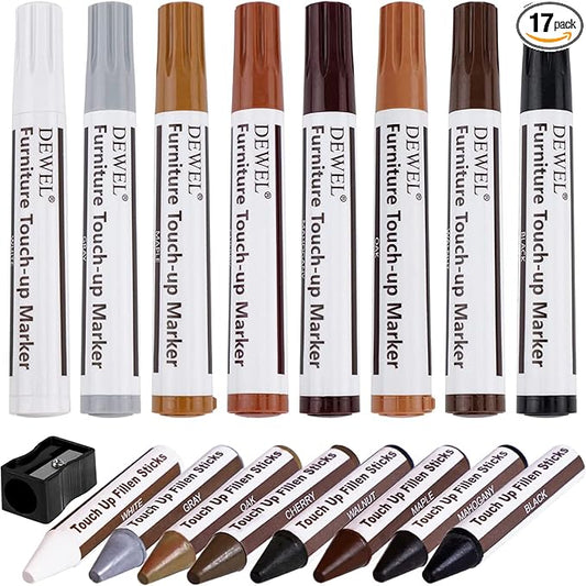 DEWEL Furniture Markers Touch Up, Upgrade Wooden Furniture Repair Kit, Premium Wood Scratch Repair Markers and Wax Sticks for Wood Stains Scratches Hardwood Floors Tables, Set of 17