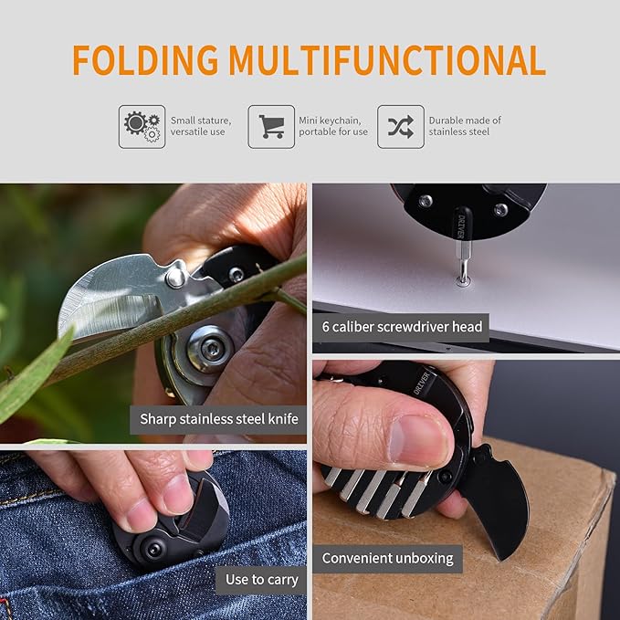 7-in-1 mini outdoor folding multifunctional tool - Small EDC Multitool with Screwdriver Set - portable pocket pendant -Compact Manual Tool (Black stainless steel)