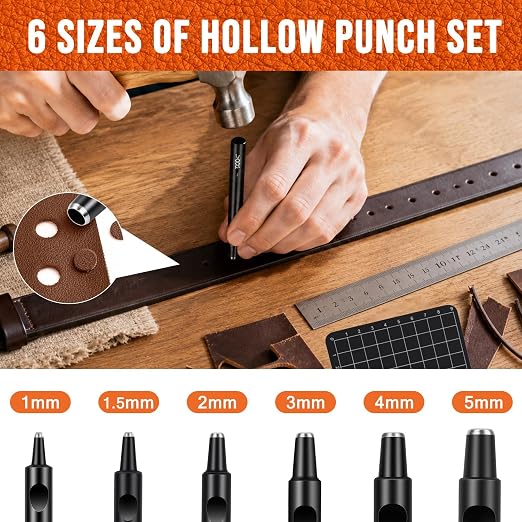 XOOL Leather Punch & Stitching Chisel Kit, Diamond Chisels & Hollow Hole Punch Set, 1–5mm & 4mm Prong Spacing, for Belt, Watch Strap & DIY Leather