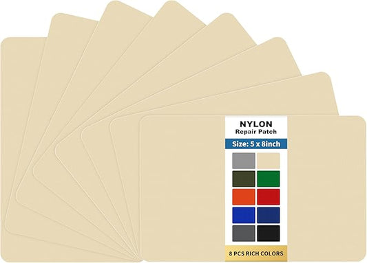 KING MOUNTAIN Self Adhesive Nylon Fabric Repair Patch, 5×8 Inches 8 Pcs, Quick Down Jacket Repair Patch, Waterproof Outdoor Gear Patch Kit for Tent,Backpacks,Umbrella, Gloves, Sleeping Bag (Beige)