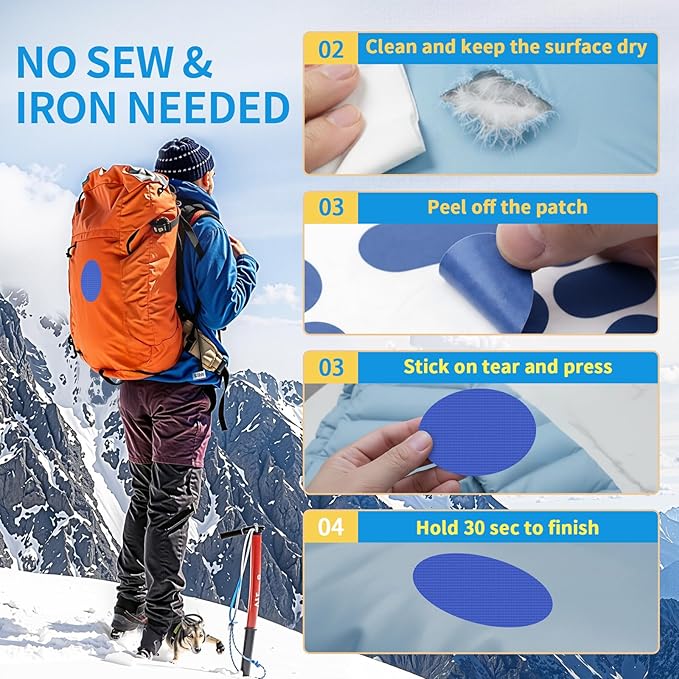 Waterproof Nylon Fabric Repair Tape Tent Repair Kit, 4pcs Outdoor Gear Tenacious Fix Tape, Self-Adhesive Fabric Patches for Clothes, Down Puffer Jacket, Tent, Sleeping Bag, Backpack, RoyalBlue