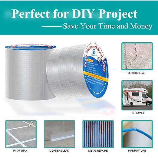 MEANHDAG Super Waterproof Butyl Tape and Patch for Seal Repair, Adhesive Duct Tape with Aluminium for Pool Metal RV Roof Pipe Awning Hose Window, 4 in by 16-1/2 FT