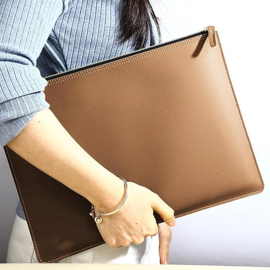 PU Leather A4 File Folder Zipper Document Holder Envelope Folder Case for Receipt Contract (Khaki)