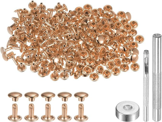 HARFINGTON 100 Sets Leather Rivets 8 x 7mm Metal Double Cap Rivet Snaps Studs Fasteners with 3pcs Setting Tools for Leather Craft DIY Repair Decoration, Light Gold Tone