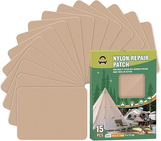 OAZ 15 Pieces 3.5 x 4.7 inch Nylon Repair Patches Nylon Fabric Patch Self-Adhesive Tent Repair Tape Waterproof Lightweight Repair Patches Repair Patch Kit for Clothing Down Jacket Bag (Khaki)